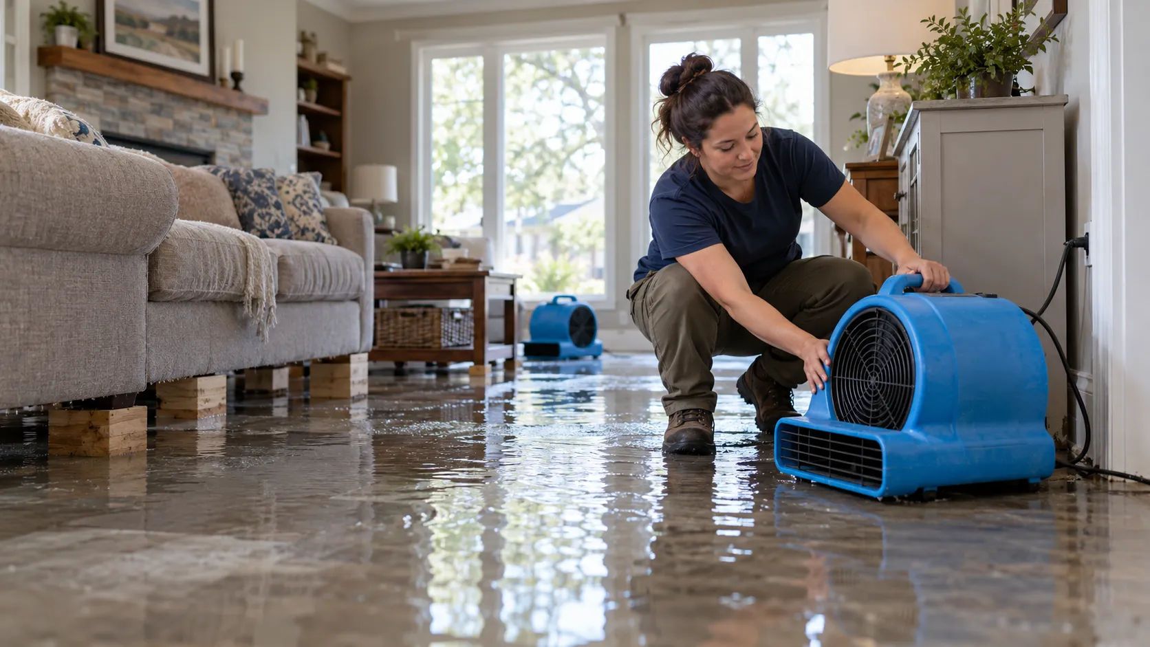 Water damage restoration technician drying a flooded living room in Buffalo